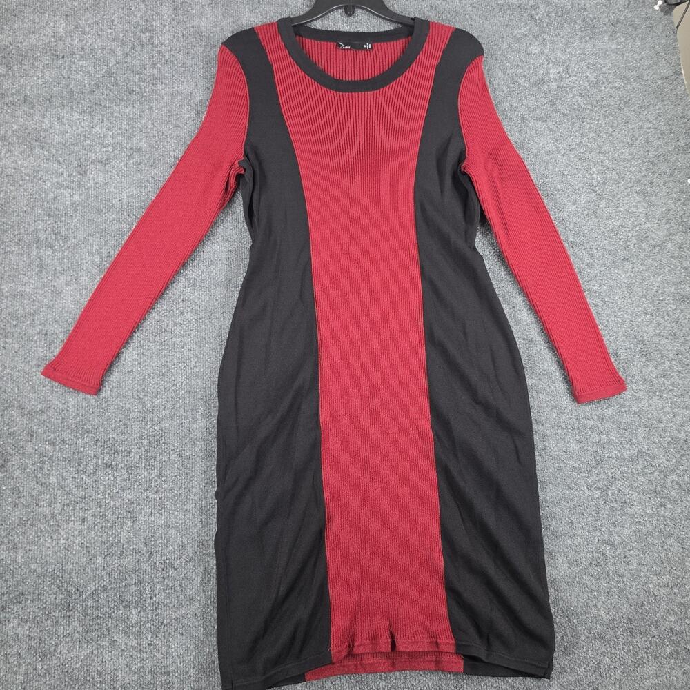 Noir Women's M Red Black Colorblock Ribbed Knit Long Sleeve Fitted Dress